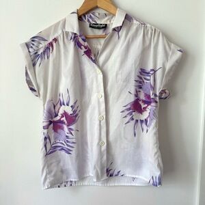 Vintage Tropical Floral Top Womens L Purple‎ Summer Retro Vacation Cali Indie